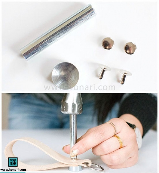 اموزش ساخت جا سوئیچی چرم دوزی-مرحله 4 سپس پرچ(زیر و رو) میزنیم