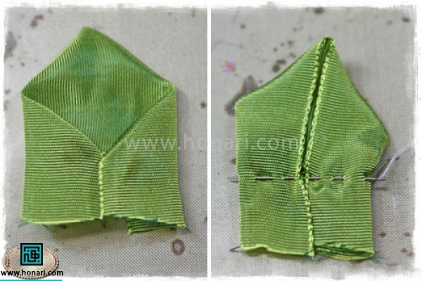 آموزش دوخت برگ روبان دوزی-مرحله 3 با نخ و سوزن یک کوک ساده مطابق تصویر بزنید البته از وسط مثلث