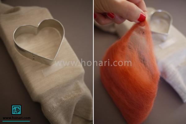 آموزش تزیین لباس با الیاف کچه دوزی-مرحله 2 قالب قلب را بر روی جایی که با چسب علامت زدید بگذارید