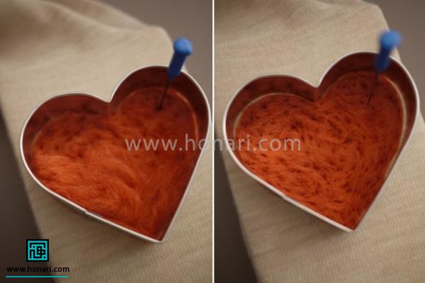 آموزش تزیین لباس با الیاف کچه دوزی-مرحله 5 سوزن زدن را تا جایی انجام دهید که الیاف منسجم و در سطح قلب یکدست شوند.