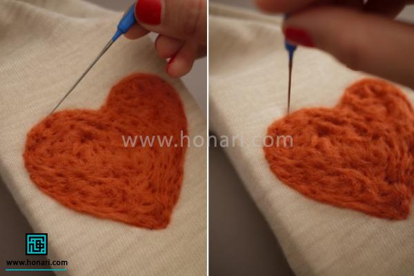 آموزش تزیین لباس با الیاف کچه دوزی-مرحله 6 قالب را برداشته و با سوزن اطراف قلب را مرتب کنید