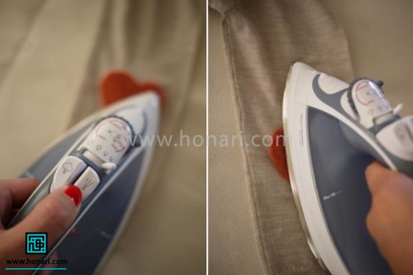 آموزش تزیین لباس با الیاف کچه دوزی-مرحله 7 در آخر برای صاف و یکدست شدن بر روی الیاف کمی آب اسپری کنید و اتو بزنید.