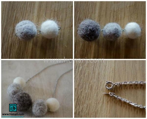 گردنبند توپی با الیاف کچه دوزی-مرحله 3 به حلقه هایی که با سیم در توپک های سفید ایجاد کردید حلقه اتصال وصل کرده.سپس زنجیر را به آن ها متصل می کنید.