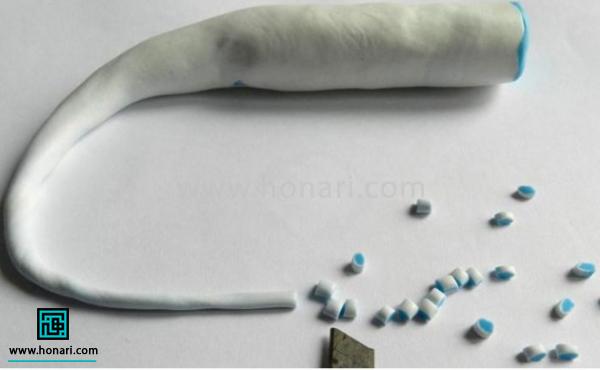 آموزش ساخت دستبند از خمیر فیمو با طرح فیروزه-مرحله 3 به این صورت استوانه را نازک می کنیم و با تیغ کاتر به قطعات کوچک و هم اندازه برش می زنیم.