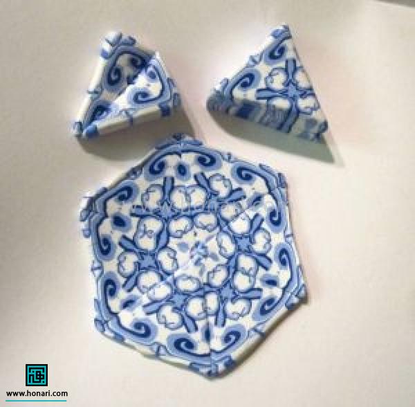 آموزش ساخت تخم مرغ رنگی با خمیر فیمو طرح دار-مرحله 2 خمیری که مقطع اون مربع هست رو از قطرها برش می زنیم و مثلث هایی که به ما میده رو در ترکیب دوزاده تایی مطابق عکس کنار هم میچینیم تا این شش ضلعی ایجاد بشه.