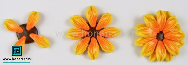 آموزش ساخت گل آفتابگردان با خمیر فیمو-مرحله 18 حالا طبق شکل به چیدن گلبرگ ها مشغول میشیم.مرکزکار خمیر قهوه ای رنگ به کار رفته.