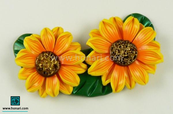 آموزش ساخت گل آفتابگردان با خمیر فیمو-مرحله 23 حالا وقت اینه که گل هارو روی زمینه اش بچسبونیم. اگر این کارو در قطع کوچیک درست کنید میتونید به عنوان یک پلاک ازش استفاده کنین. پیشنهاد میکنم سایر آموزش ساخت عروسک خمیری را در سایت هنری مشاهده کنید