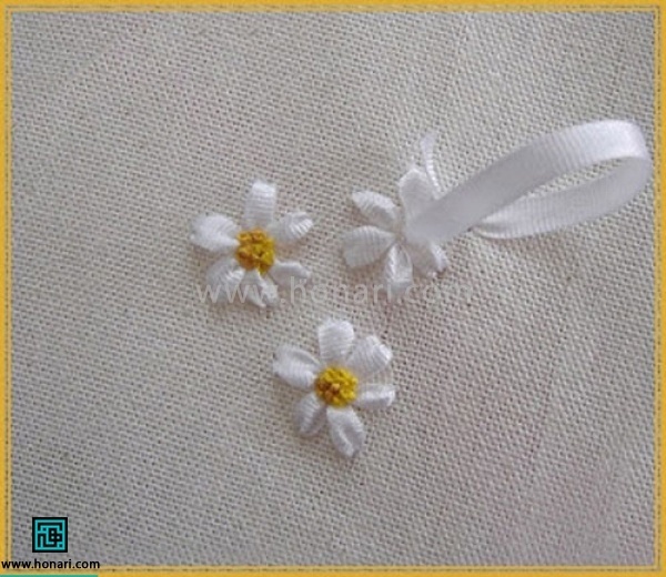 و بعد روبان را در فاصله 2 تا 5 سانتی در پارچه فرو میکنیم 