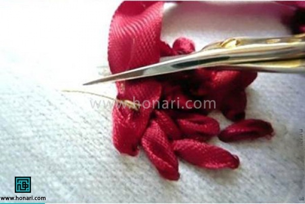 پارچه را به پشت برگردانید و اضافه روبان را قیچی کنید و با نخ کاملا محکم کنید به پارچه