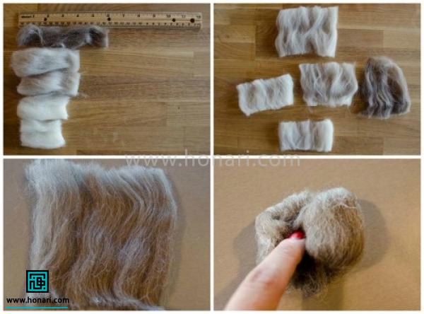 مواد و ابزار مورد نیاز: الیاف طبیعی کچه ، زنجیر نقره ای متری ، حلققه اتصال ، سیم آلمینیوم نقره ای از هر سه رنگ الیاف سفید، خاکستری مانند تصویر دو اندازه برابر با هم الیاف کچه دوزی برداشته، الیاف زغالی به اندازه یک توپک نسبتا بزرگ برداشته شود توپک های نمدی را بر طبق آموزش پیش نیاز و یا با سوزن زدن درست می کنید 