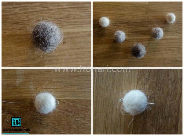 نحوه قرار گیری توپک ها را مشخص کرده. سپس سیم را از داخل توپکها رد کنید و دو سر آن را مطابق تصویر بصورت حلقه دربیاورید توجه داشته باشید که قبل از بستن حلقه سوزن توپک کناری را از آن رد کنید و بعد حلقه را ببندید . 